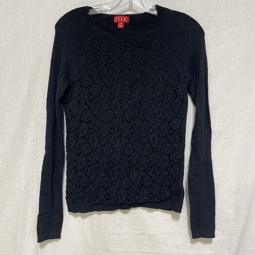 Elle Womens XS Sweater Black Crochet Lace Long Sleeves Pullover Round Neck